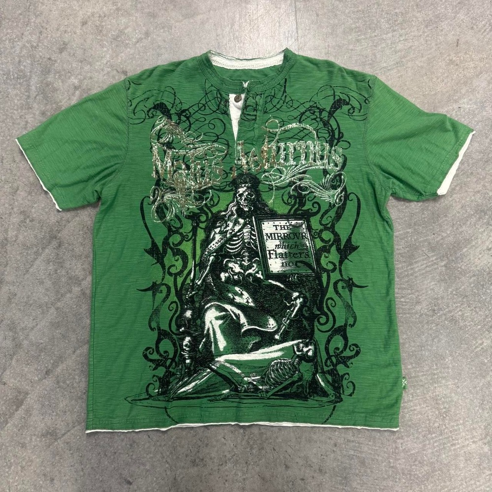 Y2K Modern Culture Green Henley T-Shirt Full Print Gothic Skater XL